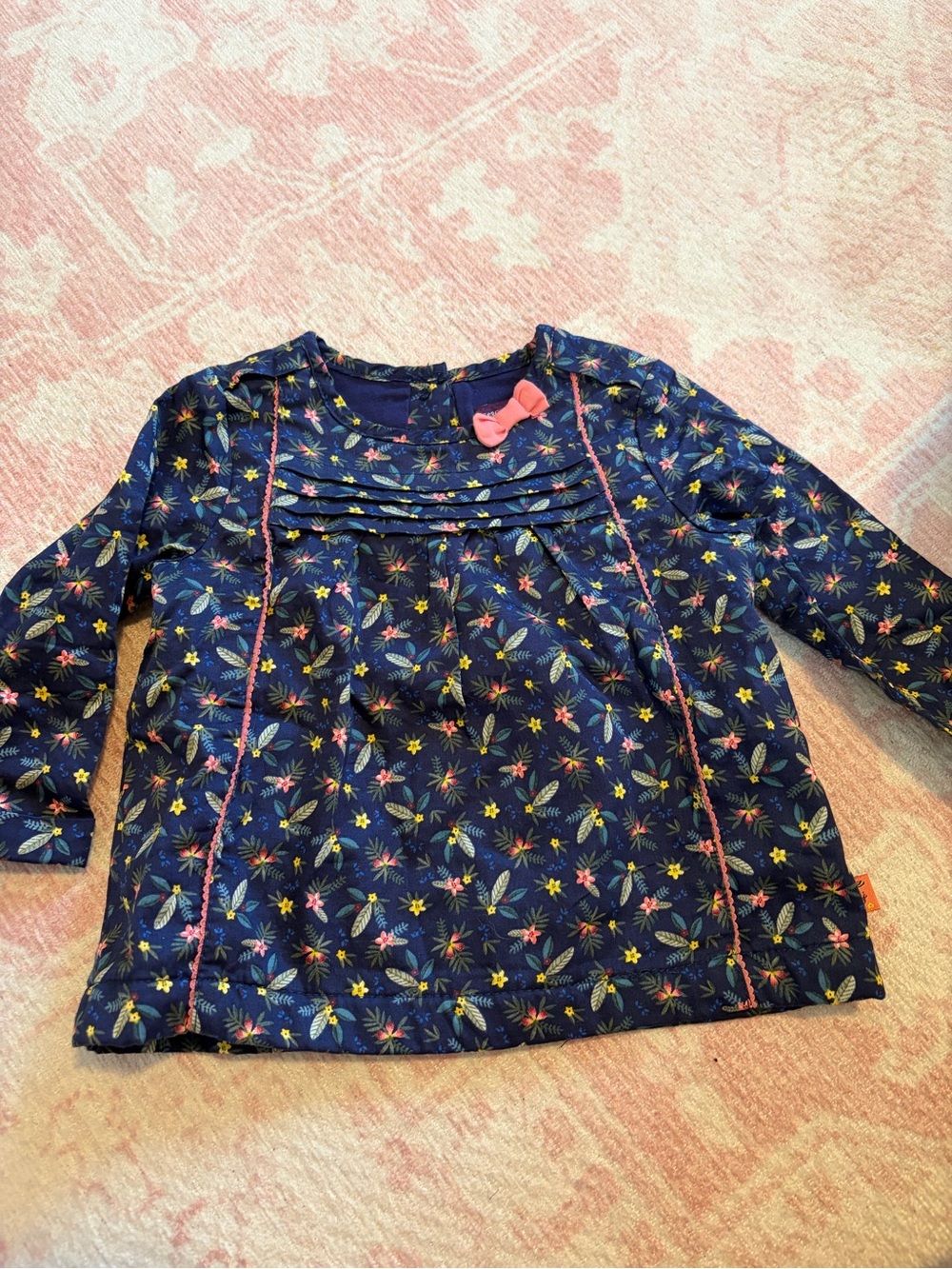 Navy Floral Long Sleeve Toddler Top with Pink Bow